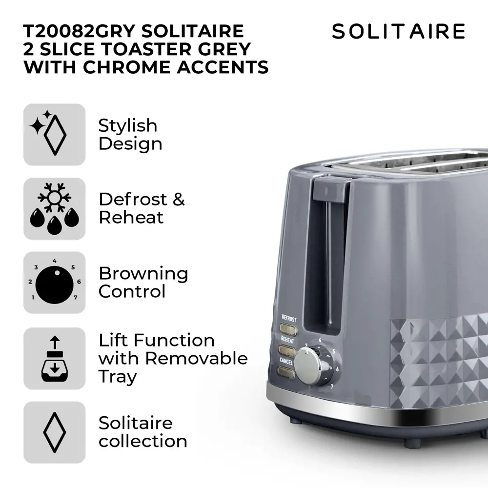 Tower Solitaire Grey 2 Slice Toaster